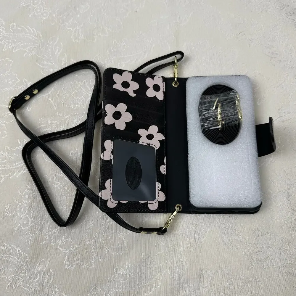 Samsung Galaxy Phone S25 Ultra Wallet Case Black Pink Flowers w/ Wrist Strap